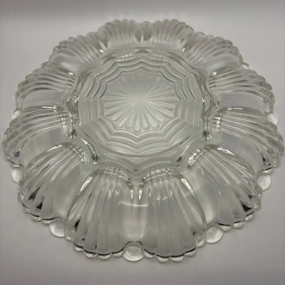 Vintage Clear Glass Deviled Egg Platter Scalloped Shell Design 9 Inch Round Tray